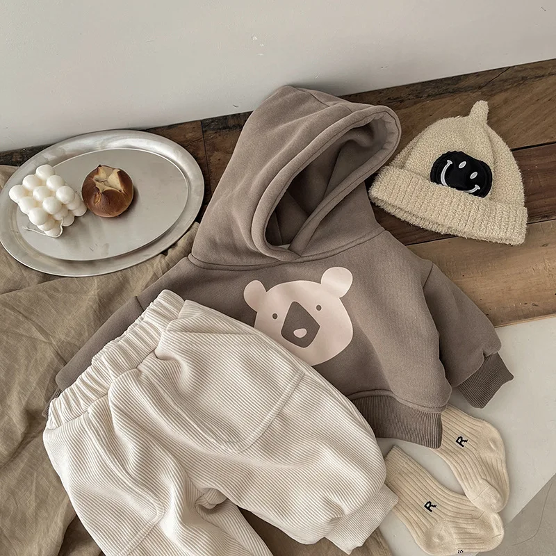 2024 Winter New Baby Fleece Hooded Sweatshirt Cotton Infant Casual Pullover Plus Velvet Thick Toddler Cartoon Bear Warm Hoodie