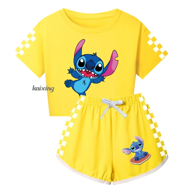 CAN O & Stitch-Ensemble de vêtements d'été pour garçons et filles, t-shirt et pantalon de sport pour enfants, pyjamas pour bébé, tenues confortables, vêtements de nuit, 2 pièces