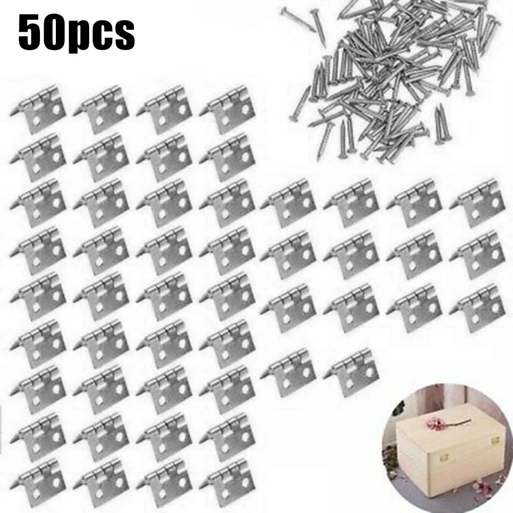 50Pcs Brass Hinge Set For Small Craft Door Jewelry Gift Boxes Wine Boxes Tool Accessories Silver 8x10mm