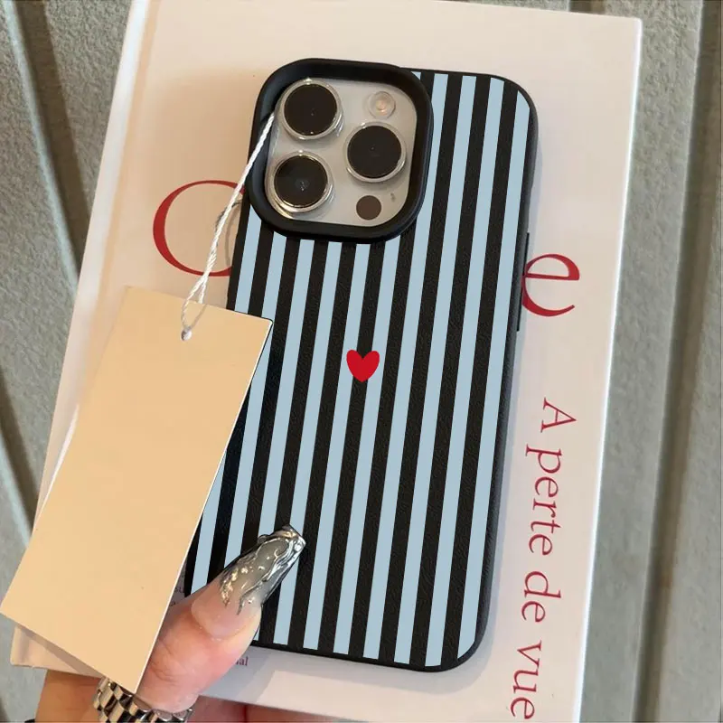 Blue Striped Red Heart Minimalist Pattern Phone Case