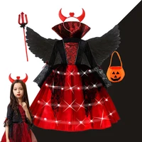 Girls Gothic Vampire Halloween Costume for Kids 2025 Glowing Ghost Bride Outfit with LED Lights Black Red Cosplay Carnival Dress