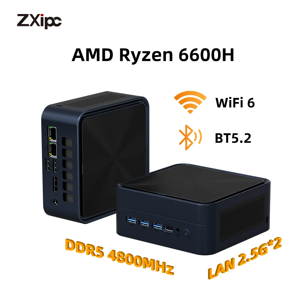 ZXIPC NUC AMD R5 6600H Gaming Mini PC 2*DDR5 2*M.2 SSD 2*2.5G