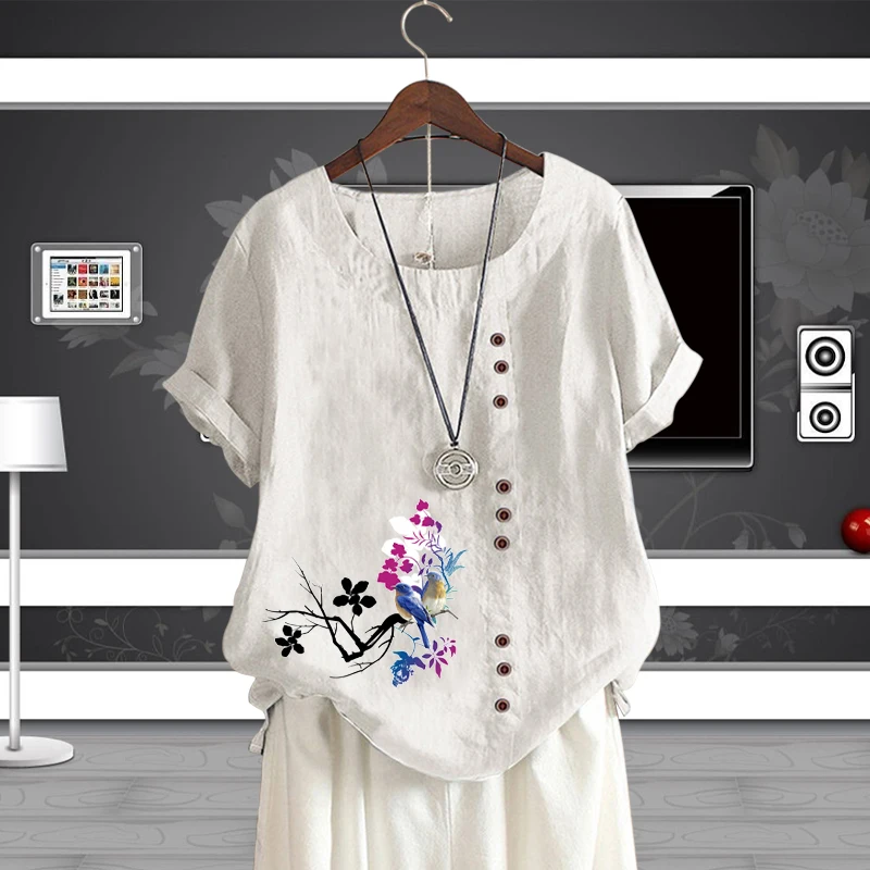 

Floral Pattern Solid Color T Shirt Plus Size Pullover Lady's Botanical Print Short Sleeve Casual Round Neck Shirt for Women