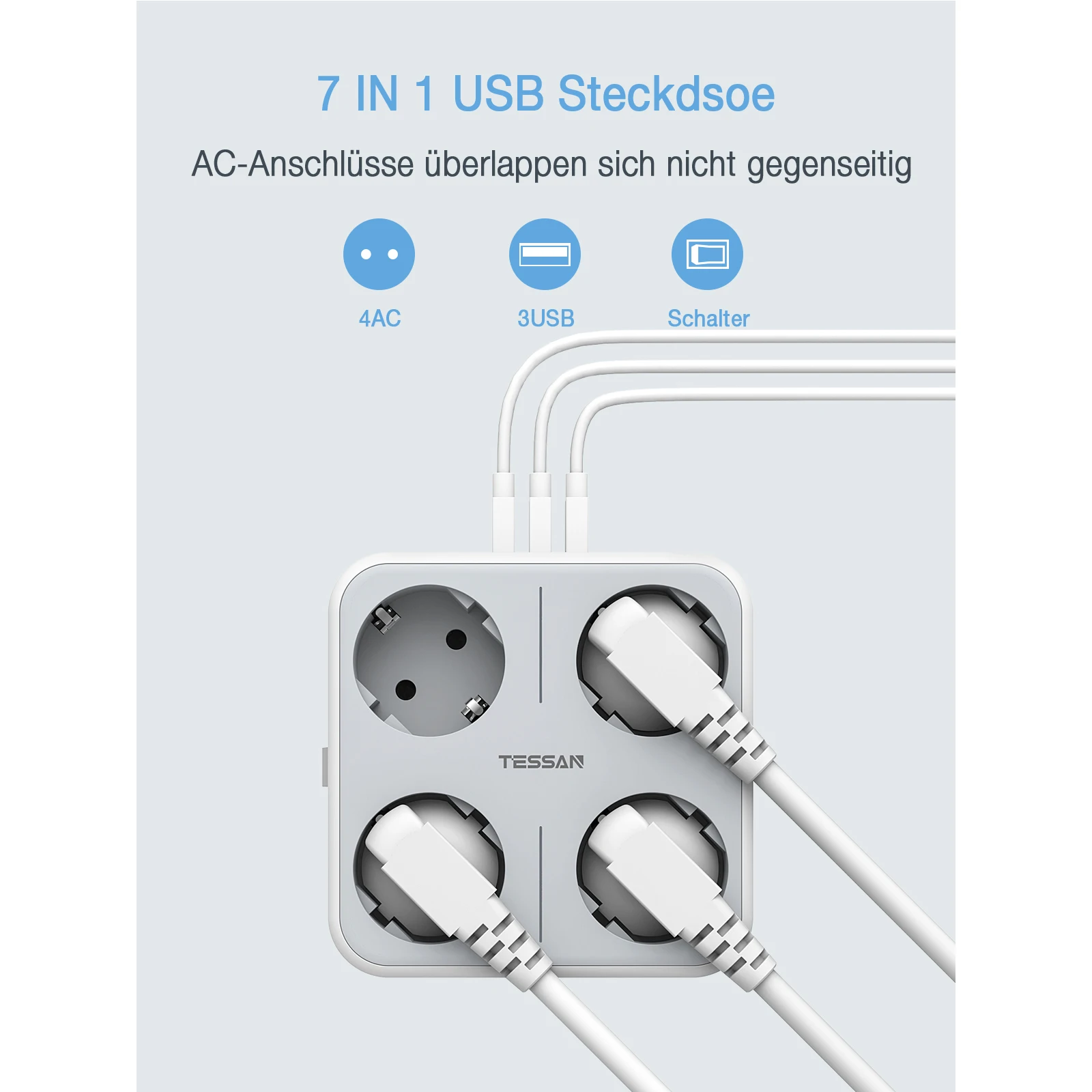 TESSAN EU KR Plug Power Strip Power Strip Plug Outlet Extender Power Extension Plug Extension Sockets Power Socket with AC Outlets & USB Ports (5V/2.4A), EU Wall Socket Extender for Smartphone, Laptop