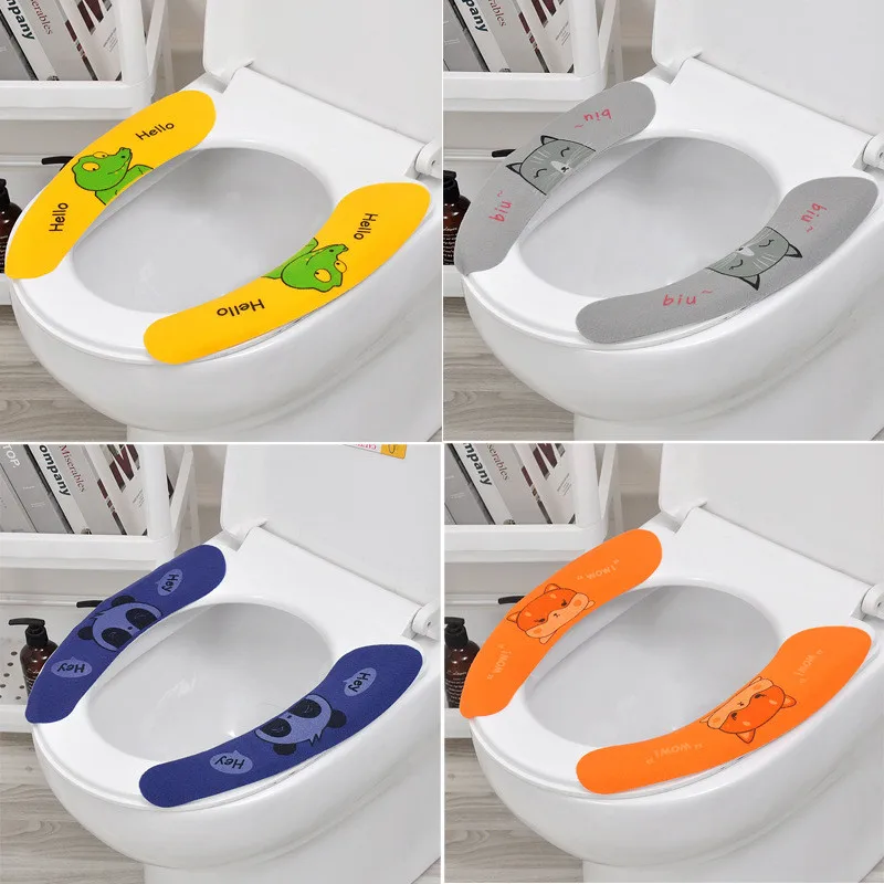 Toilet Seat Cover Mat 1 Pair Universal Adhesive Cartoon Waterproof Soft Reusable Filling Washable