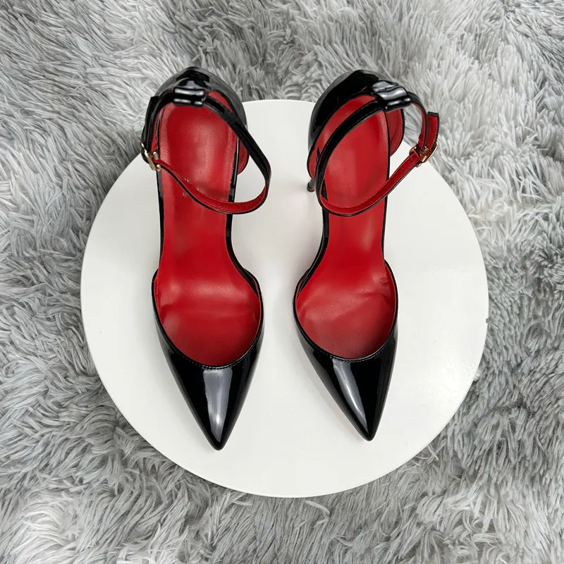 Black Patent Leather Women Ankle Strap Stiletto Pumps Pointed Toe Sexy High Heel Shoes 8cm 10cm 12cm Customize 33-46 4