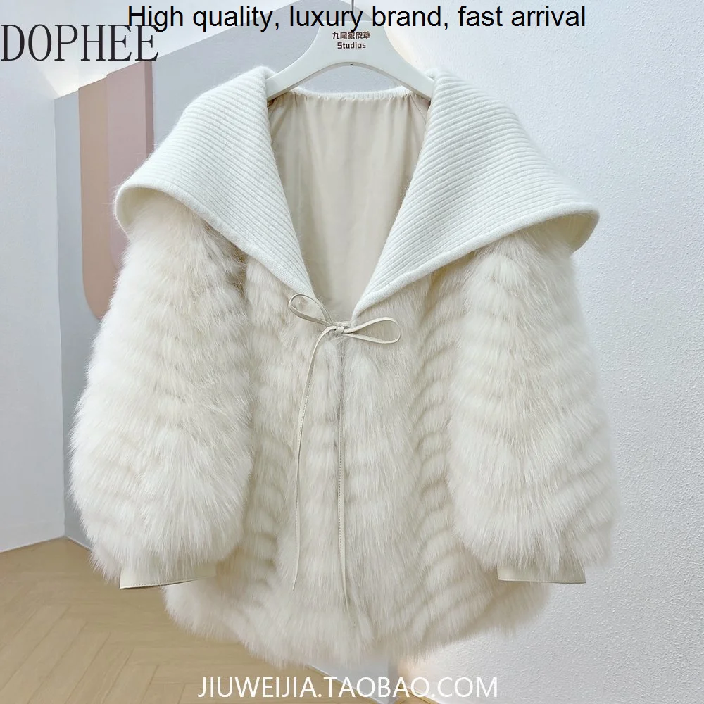 

New Fashion 2023 Cocoon Knitted Navy Collar Real Fox Coat Loose Lantern Sleeve Warm Jackets Age Reduction Women Fur Overcoat