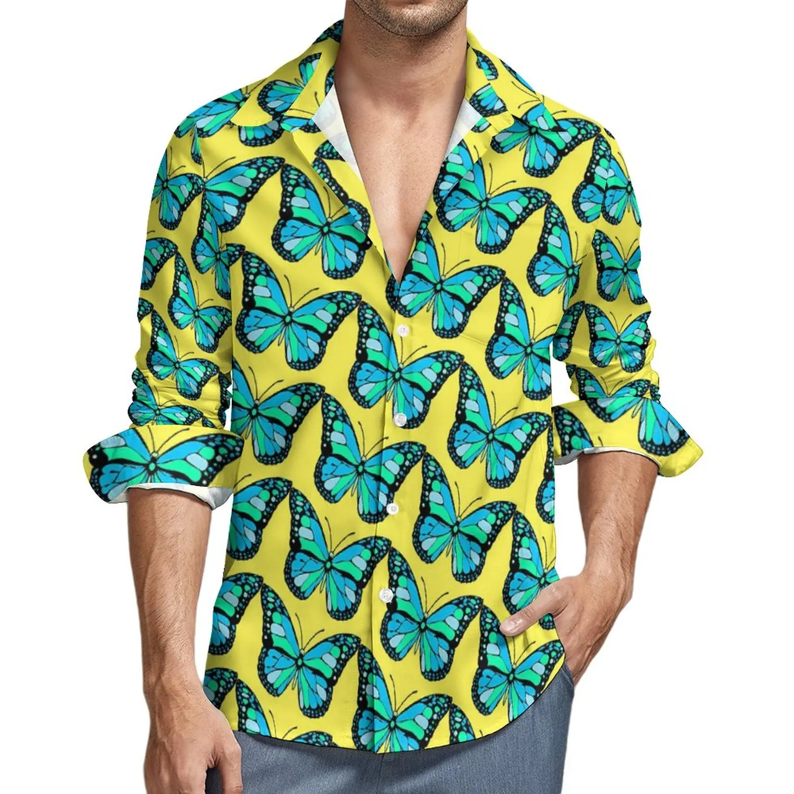 

Рубашка мужская оверсайз с длинным рукавом, стильная повседневная блузка с голубыми бабочками, элегантная свободная сорочка с животным принтом, на весну