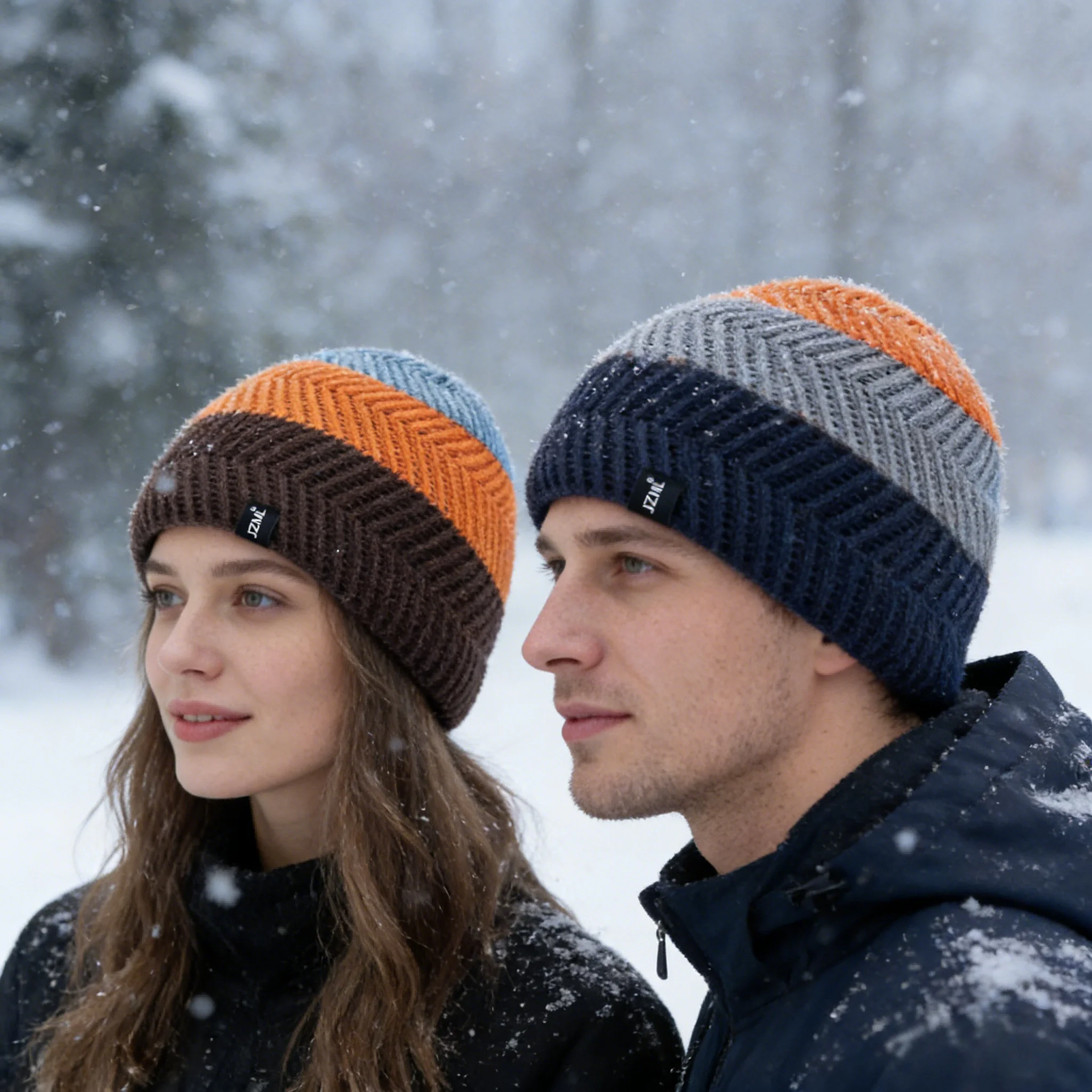 Neue Unisex JZML Label Beanie Mütze Bunte Streifen Wintermütze Lässige Gemütliche Strickmützen Outdoor Skifahren Sportmütze – Detail 3