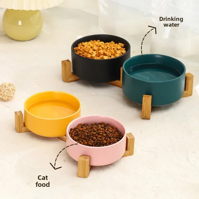 Ceramic Pet Bowl Dish With Wood Stand No Spill Pet Ceramic Double Bowl For Dog Cat Food Water Feeder Cats Small Dogs Pet bowl 4