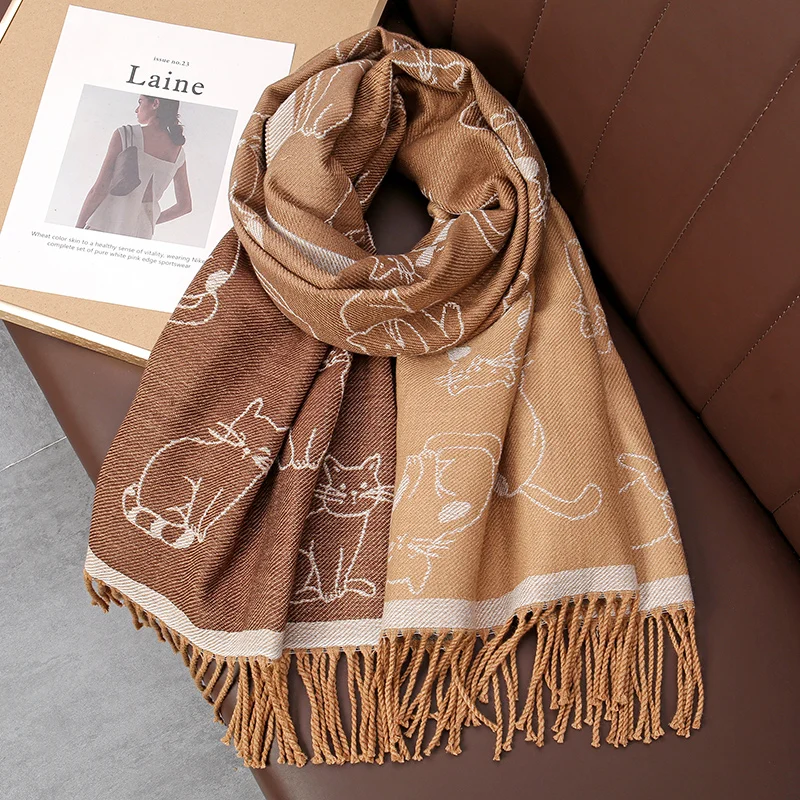 

2023 Luxury Women Cashmere Scarf Fashion Cat Pattern Soft Thicken Winter Warm Shawl Wrap Versatile Tassel Pashmina Neckerchief