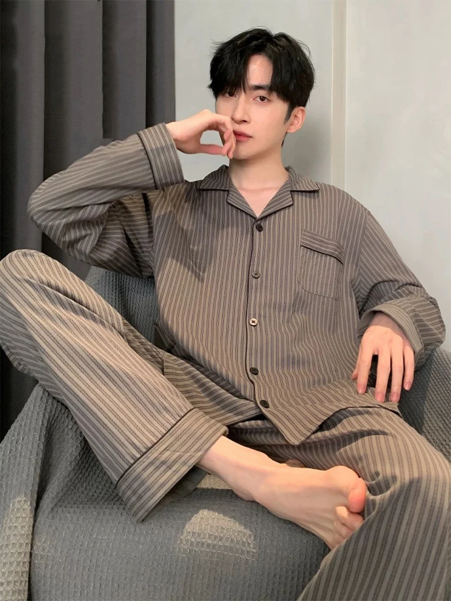 Men Pyjamas Spring Autumn Long-Sleeved Trousers Cardigan Loose Lapel Large Size