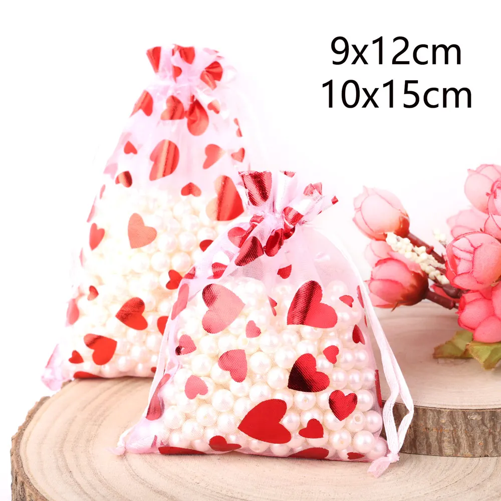 25pcs/lot Organza Gift Bag Hot Red Printing Love Heart Drawstring Pouches For Wedding Valentine Day Gift Bag Party Candy Packing