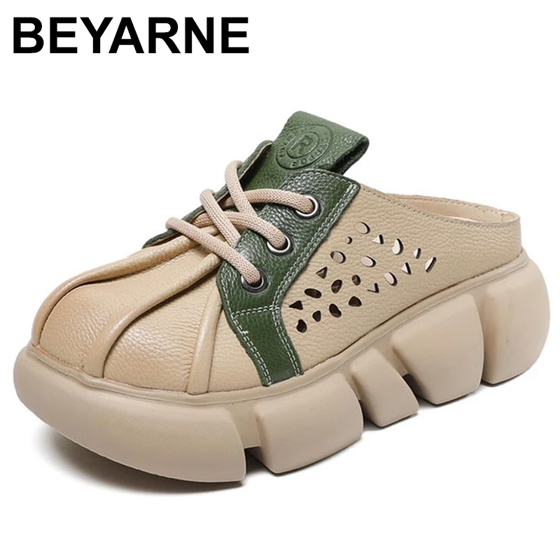 

5.5cm Slippers Bao Toe Genuine Leather Women Summer Designer Luxury Fashion Female Hollow Platform Wedge Elegance Shoes