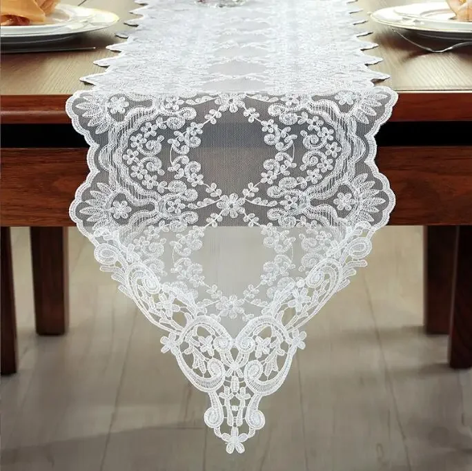 

Low Price Promotion Luxury Lace Table Runner Tablecloth TV Cabinet Cover Cloth Embroidered Coffee Table Flag Wedding Decor White
