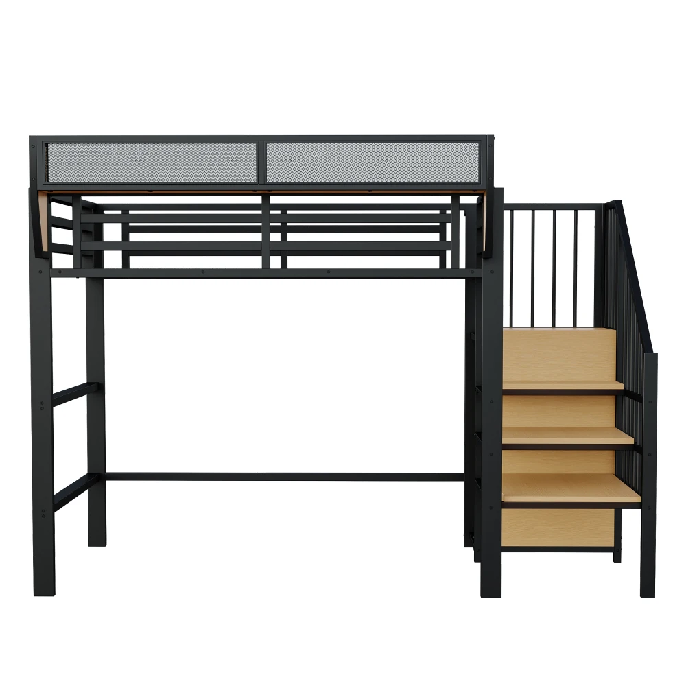 Schwarzes, robustes Metall-Hochbett 90x200cm mit Sicherheitsleiter & Staufächern, Bett für Kinder und Erwachsene, rutschfester, stabiler Rahmen – Detail 13