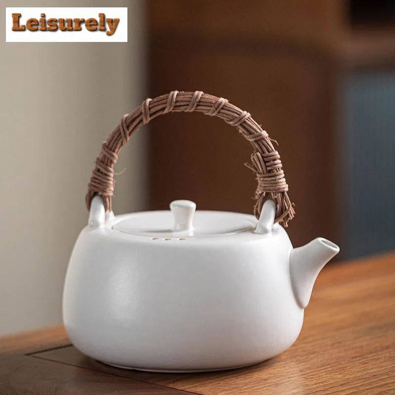 600ML Handmade Kiln Change Red Ceramic Teapot Rattan Weaving Lifting Handle Pot Boling Water Kettle Fot Tea Stove Kung Fu Teaset