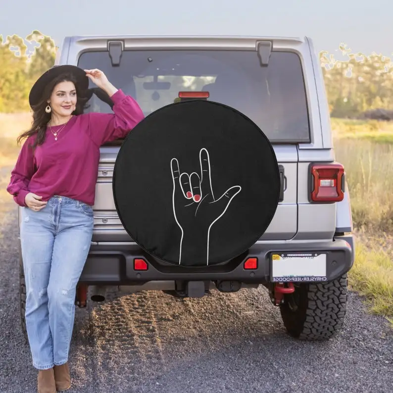 

Rock On Hand Jeep Tire COVER - Spare Tire COVER for Jeep Wrangler, Jeep Liberty, 2021 Bronco, RV, Camper - Optional Back Up Came