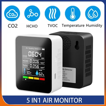 휴대용 대기질 모니터 CO2 측정기, 온도 및 습도 감지기, TVOC HCHO CO2 센서 분석기, 5 in 1