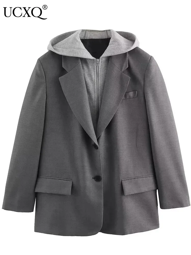 

UCXQ Новый Модный женский лоскутный костюм с капюшоном куртки контрастных цветов однобортный пиджак с разрезом пальто 2024 Весна Зима A6585