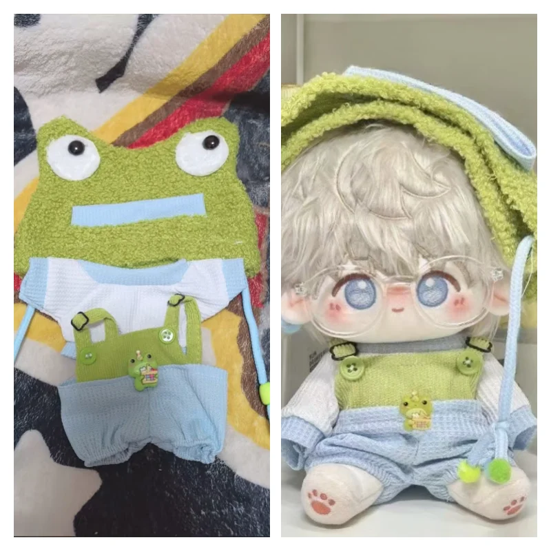 Winter doll clothes 20cm cute green little frog suit clothes overalls and frog hat for Love DeepSpace doll clothes