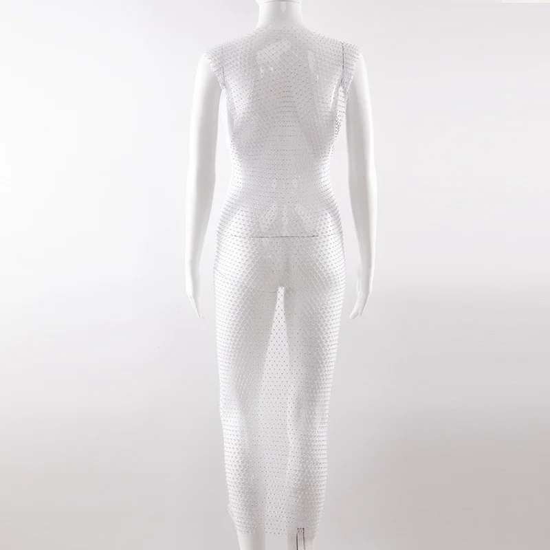Transparentes, ausgeschnittenes Netzkleid mit glitzerndem Diamant, V-Ausschnitt, sexy Strandkleider mit Schlitz, solides Netz, hohl, durchsichtige Strasssteine, Vestidos – Detail 8