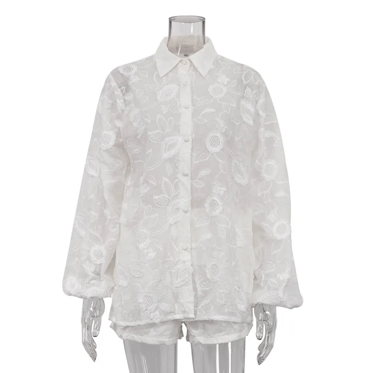 Printed See-Through Sexy Outfits Female Patchwork Cardigan Shirts And Lace-Up High Waist Shorts Sets Autumn 2 Piece-Set