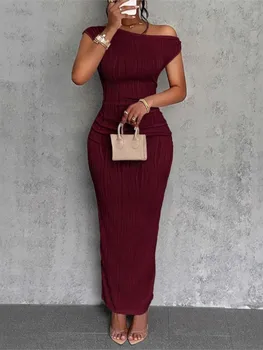 Fashion Water Ripple Slanted Shoulder Dress Women's Elegant And Simple Solid Color A-line Collar Mid-waist Sexy Hip Wrap Skirt 1