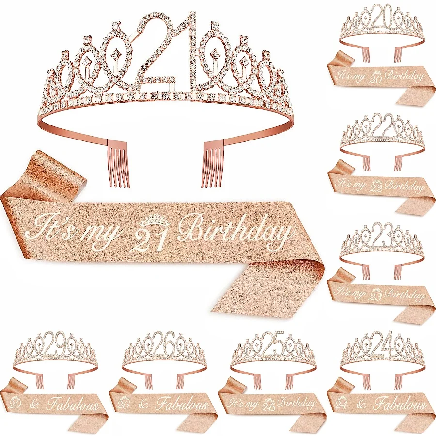 Geburtstags-Tiara-Kronenschärpe für Damen und Mädchen, 20., 21., 22., 23., 24., 25., 26., 29. 30. Geburtstag, Party-Dekoration, Gastgeschenke