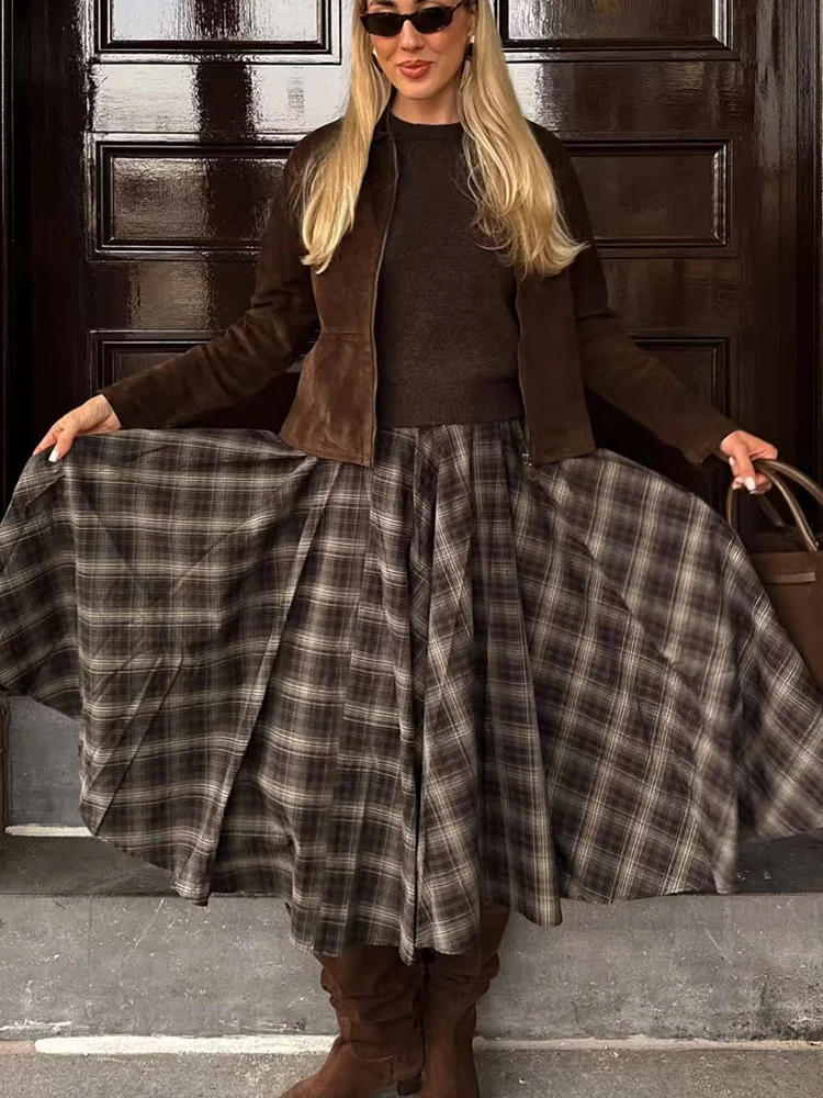 New Women's Retro Plaid Umbrella Skirt Autumn Winter A-line Skirt With Pockets Chic Ladies High Waist Mid Length Skirts