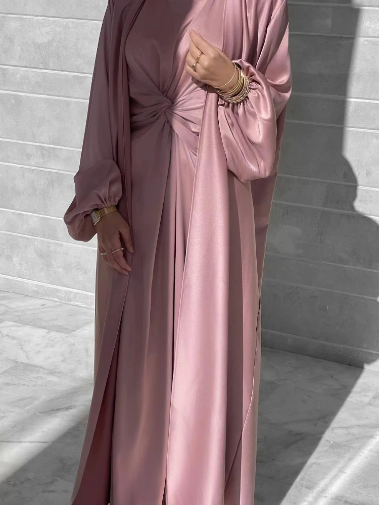 

2 Piece Matching Muslim Sets Hijab Dress Satin Open Abaya Dubai with Inner Dresses Abayas for Women Turkey African Islam Clothes
