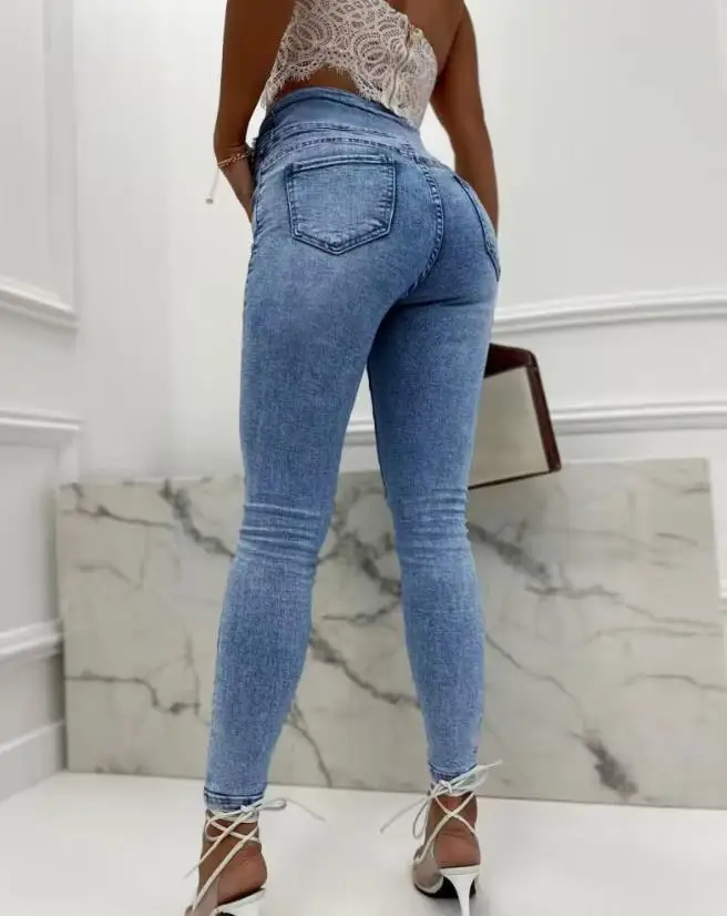 2023 New Casual Women's Jeans Fashion Versatile Commuter High Waist Fit Pearls Decor Buttoned High Waist Skinny Jeans Y2K