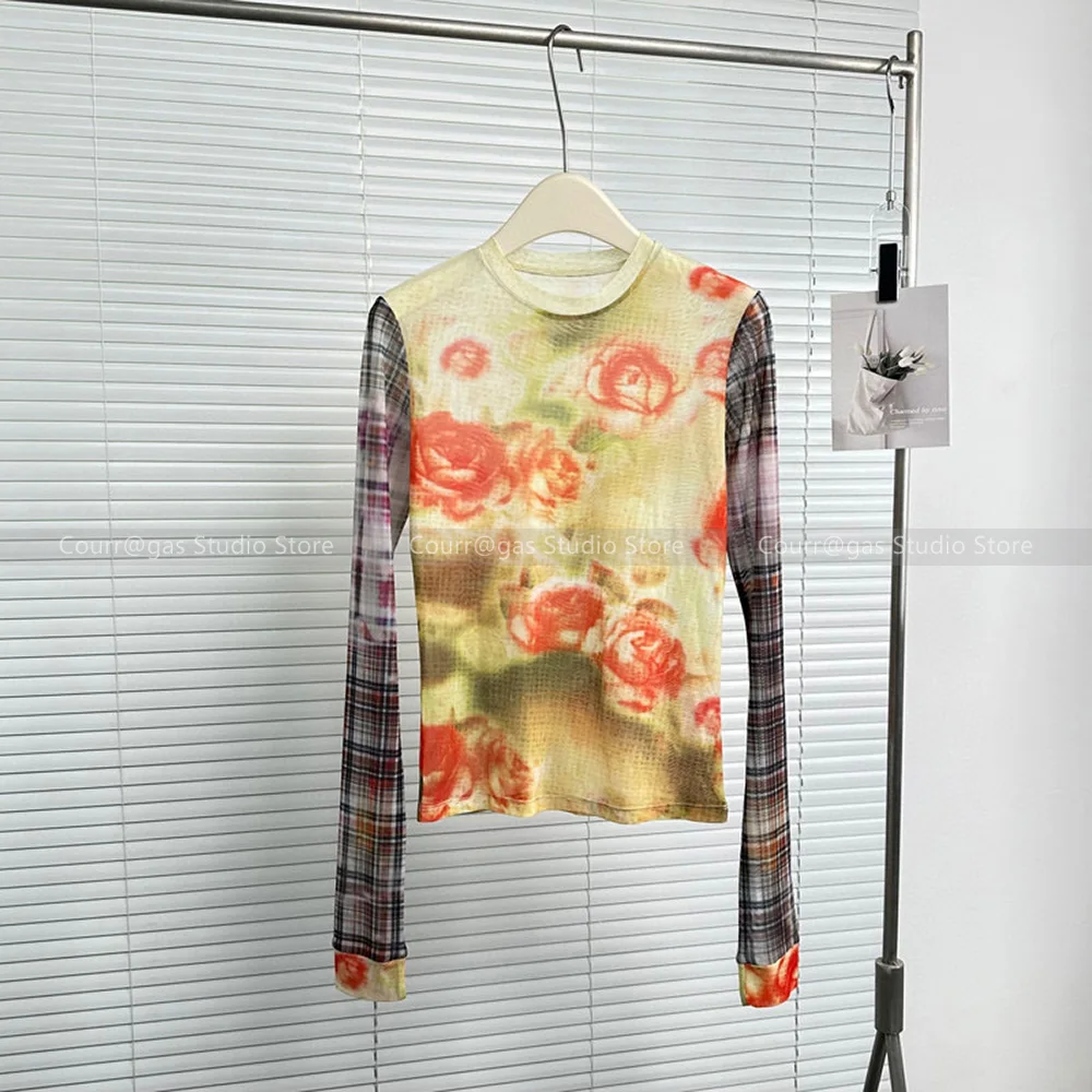 

Y2k Punk Rock Style 24 New Floral Printed Mesh Slim Bottom Shirt Top Women