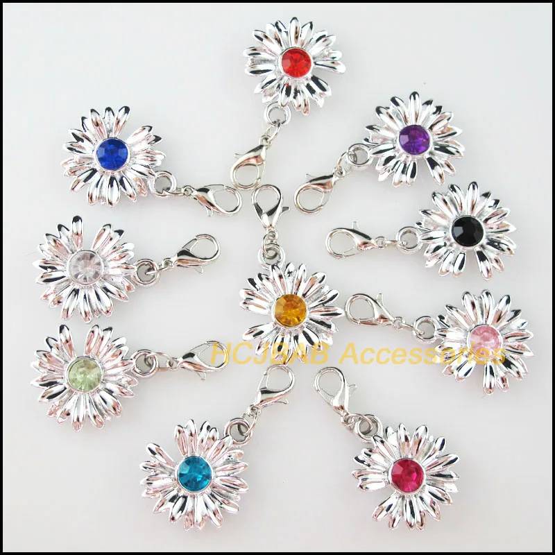 

Fashion 20Pcs Dull Silver Plated Mixed Crystal Daisy Charms With Lobster Claw Clasps 21x24mm