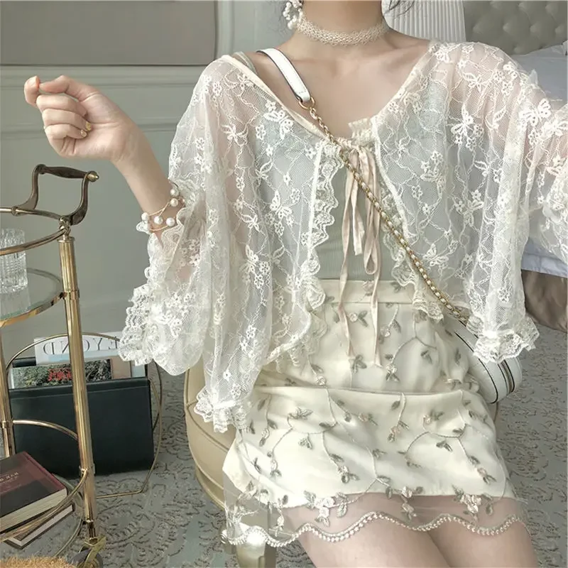 

New Fashion Sexy See Through Cute Elegant Lace Blouse Woman Spring Summer Ladies OL Tops Female Girls Casual Lacing Strap Voile