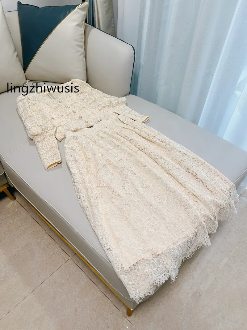 

lingzhiwusis Lace Long Skirt Set Chic Female Top Quality French Royal Top Skirts Suit Puff Sleeve Top Twinset New Arrive