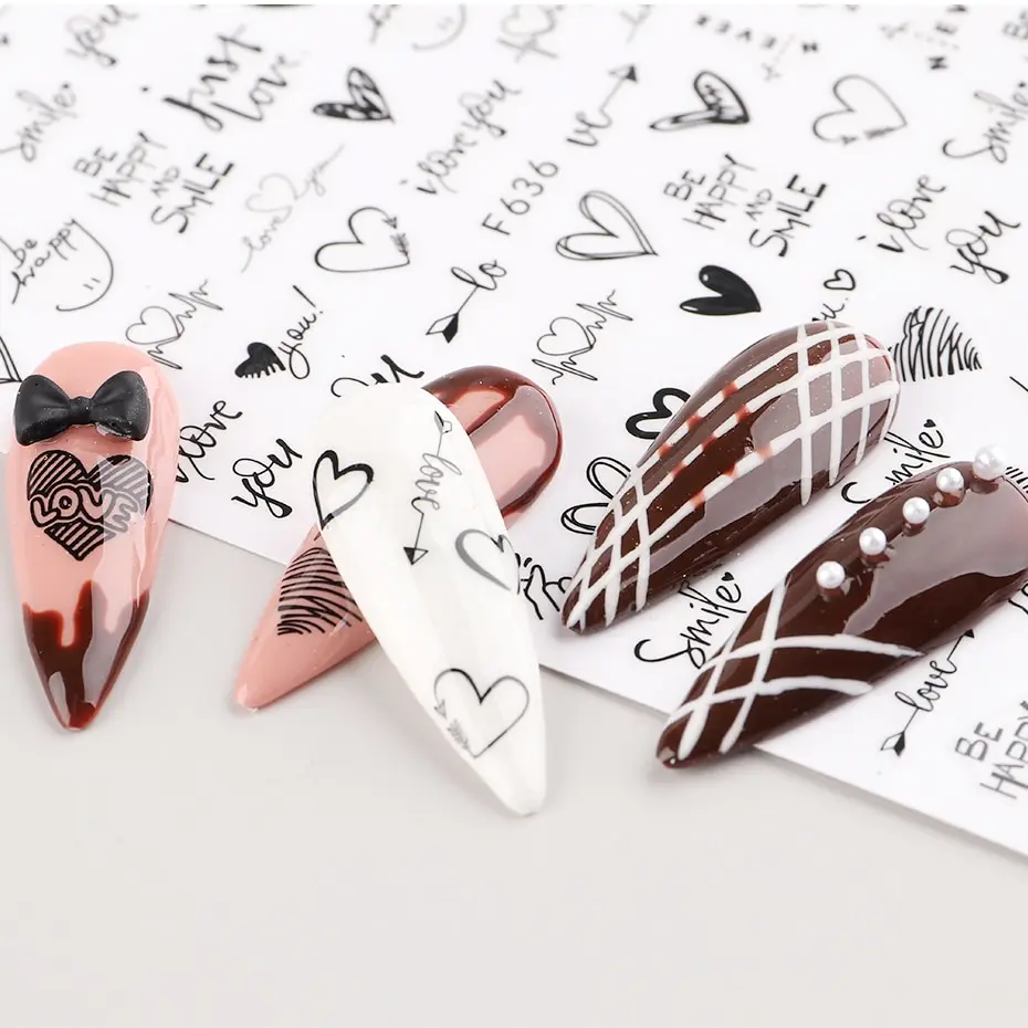 2pcs Heart Love Design 3D Nail Art Stickers English Letter Cool Girl Face Sliders Valentine Day Manicure 5