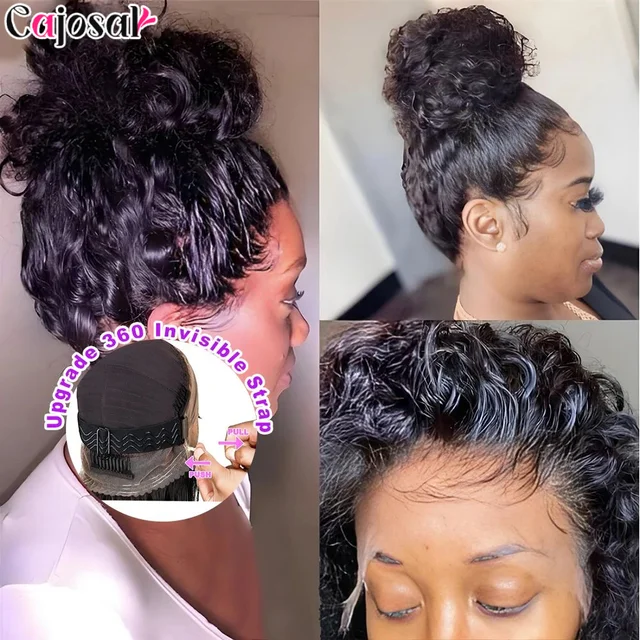 Perruque frontale 360 Full HD en dentelle, sans colle, avec sangle invisible améliorée, cheveux humains noirs, bouclés crépus, avec cordon de serrage 360, style Deep Water, sans colle 1