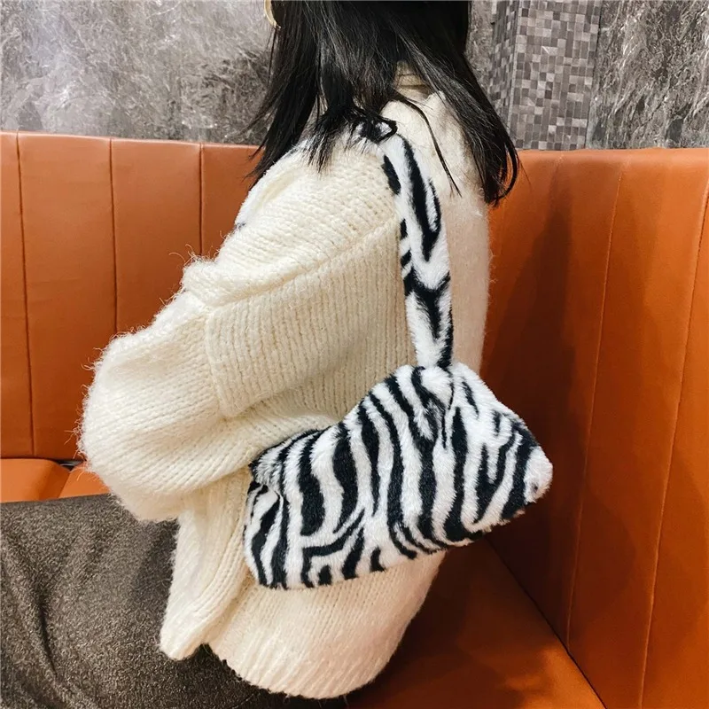 Women Cow Print Mini Shoulder Bags Female Winter Plush Underarm Bags Leopard Zebra Pattern Fluffy Tote Small Purses Shoulder Bag Ladies Handbag Underarm Bag