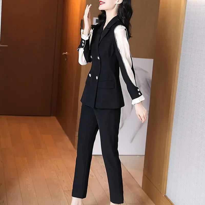 Black Patchwork Blazers Pants Two Piece Set Spring Autumn Women Workwear Office Lady Graceful Slim Suit Coat Trousers Outfits