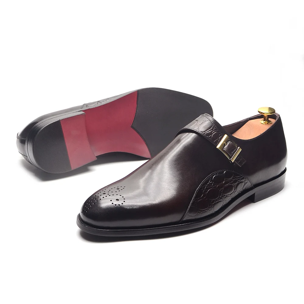 Leather Shoes Classic Designer Monk Strap Dress Shoes for Men Genuine Cow Leather Single Buckle Crocodile Prints Oxford Business Men's Shoe