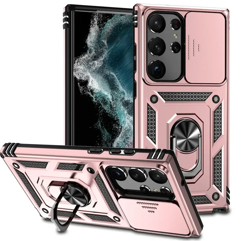 Shockproof Hybrid Dual Layer Magnetic Ring Stand Case with Slide Camera Protection Cover