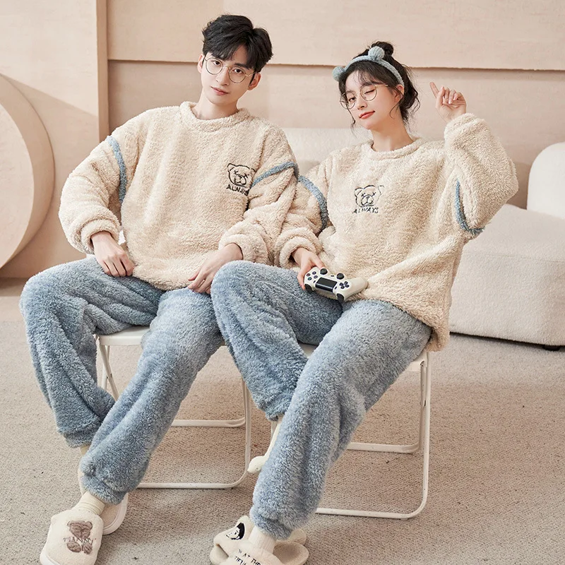 Lover Flannel Sleepwear New Women Men Winter Warm Fleece Couples Pajamas Set Nightgown Cute Cartoon Pijamas Home Clothes New