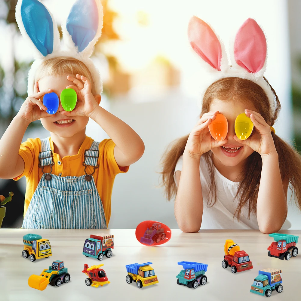 12Pcs Prefilled Easter Eggs Easter Egg Fillers with Engineering Vehicles Inside Easter Basket Stuffers for 3 4 5 6 7 8 Year
