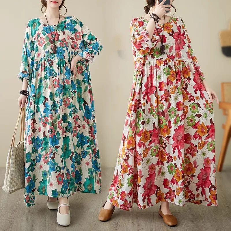 Spring Long Sleeve Nightdresses Women Sleepwear Cotton Linen Dress Nightgown Plus Size Nightwear loose Can Outside Wear