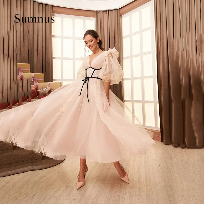 

Sumnus Arty A-Line Evening Dresses Deep V-Neck Tulle Ankle-Length Prom Dress Homecoming Long Style Party Gowns Saudi Arabia