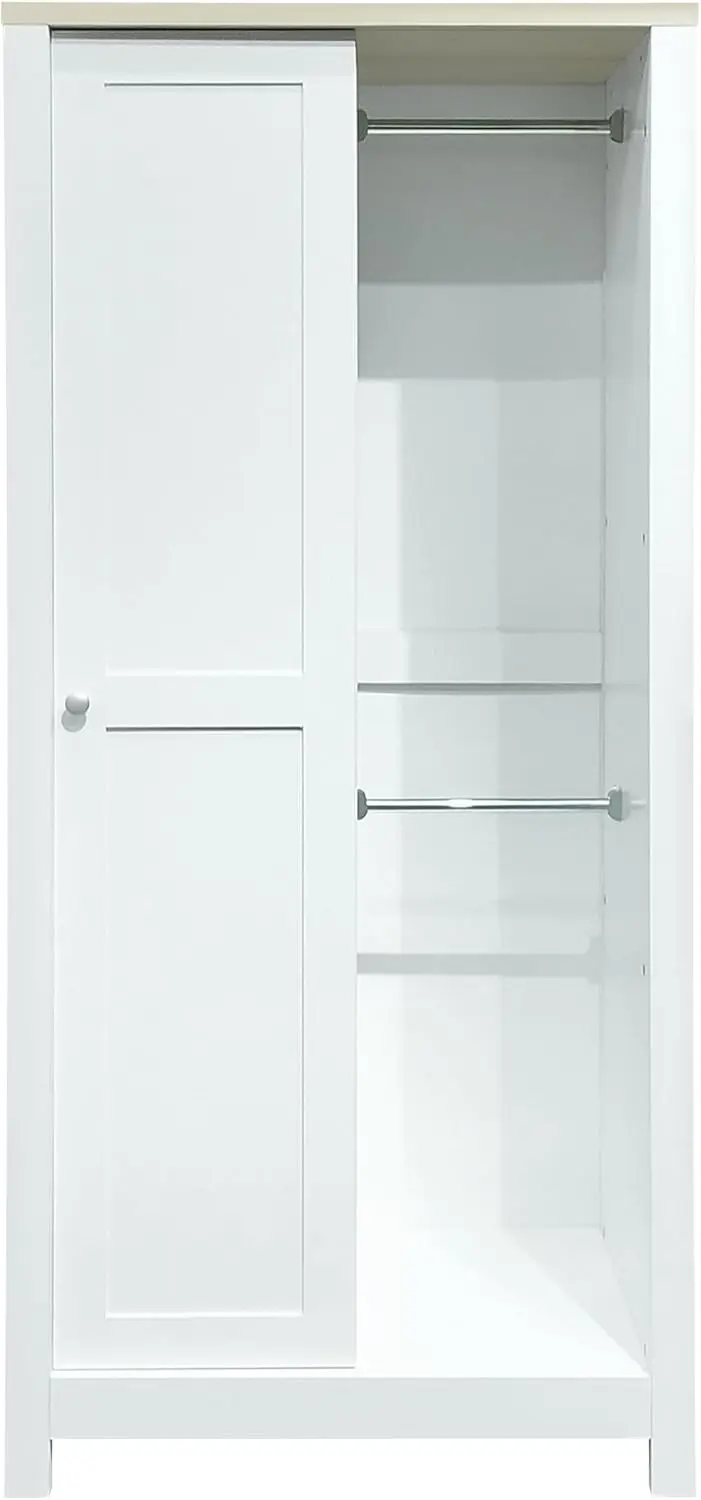 Kids Armoire Wardrobe Closet, Small Wardrobe Closet with 2 Hanging Rods and Drawers, Freestanding Wood Closet with Shel