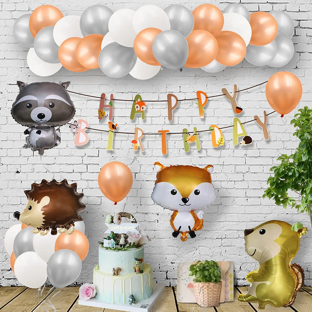 5 Palloncini Animali Del Bosco – Scoiattolo, Volpe, Riccio, Procione, Cervo – Decorazioni Per Feste Compleanno Tema Safari Giungla