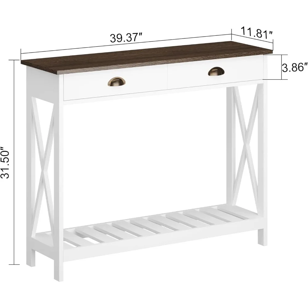 farmhouse console table with drawer for entryway, narrow long entry table with shelf for living room, rustic vintage hallway so