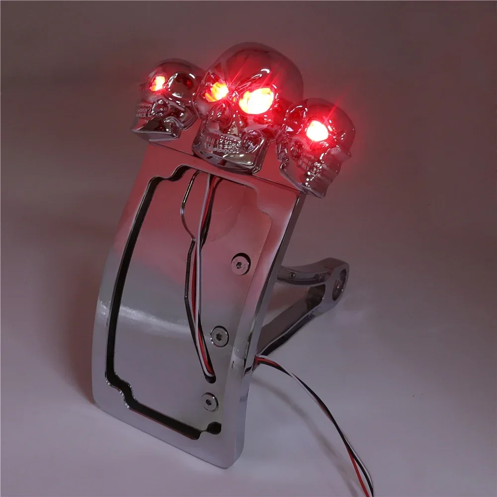 Black Curve Side Mount License Plate Bracket w/ SKULL LED Tail Light 7/8" 1" Axle Aftermarket Motorcycle Parts